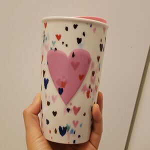 𝅺starbucks Pink Lid Hearts Ceramic 10 oz Hot Drink Tumbler